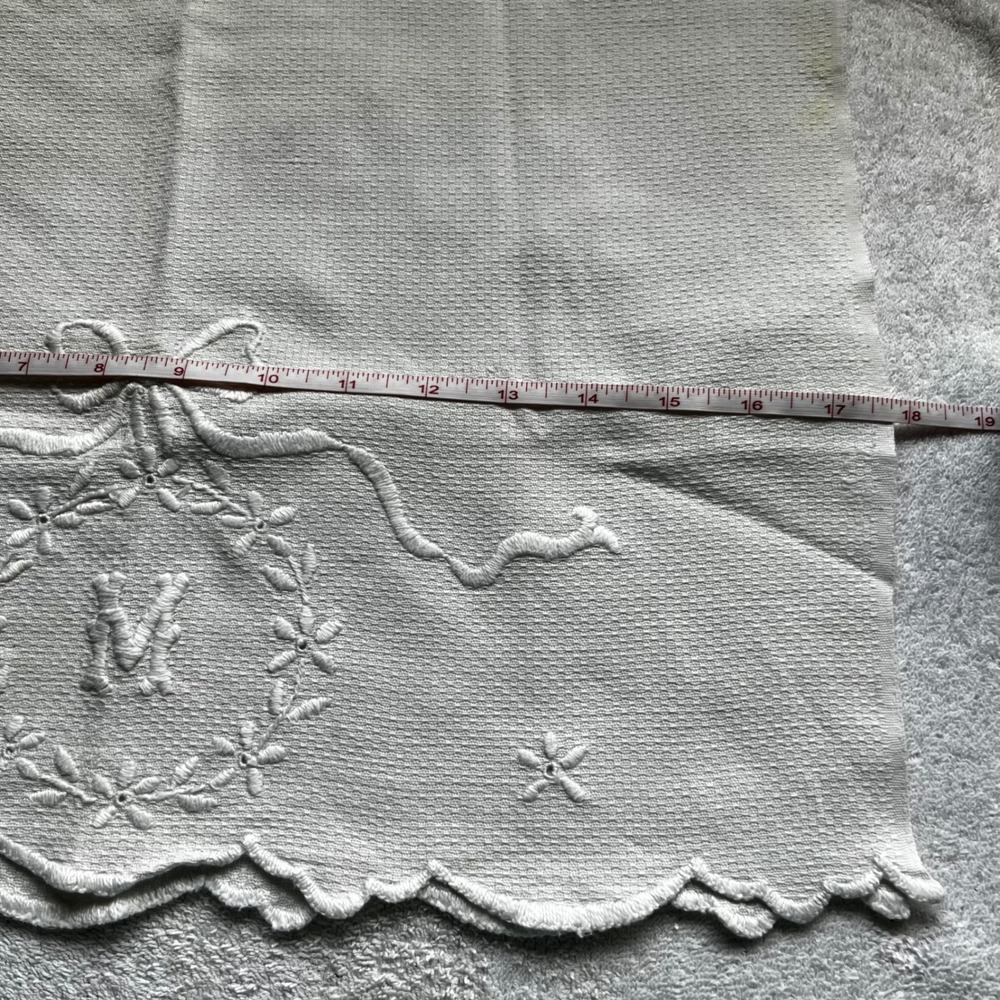Vintage 3pc Table Linens White Hand Embroidered Lace Monogram M Floral Victorian
